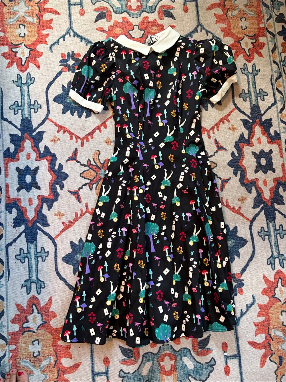 Black Printed Fit & Flare Dress with White Collar NWT w/defect